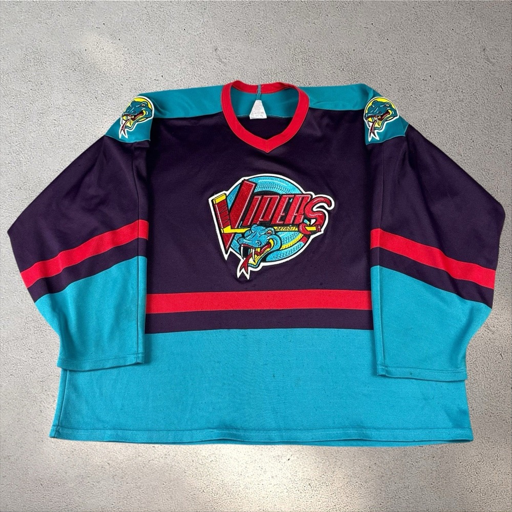 Vintage 90s Bauer Detroit Vipers Hockey Jersey Mens Medium Purple Teal IHL